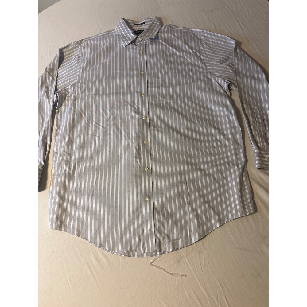Lands' End Striped Button Down Shirt Mens 18-37 Grey Blue Long Sleeve